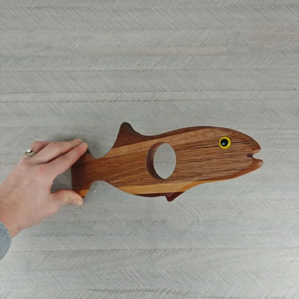 Handmade Wooden Fish Wine Bottle Holder Nautical Bar Decor Artist Signed